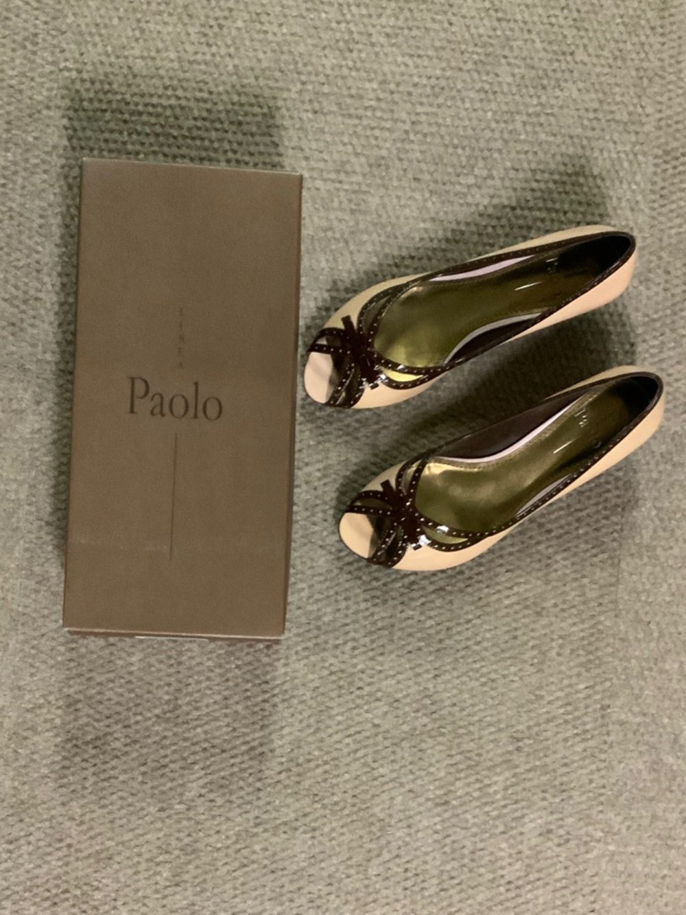 Paolo Pink Patent Kitten Heels Brown Patent Trim and Peep Toe